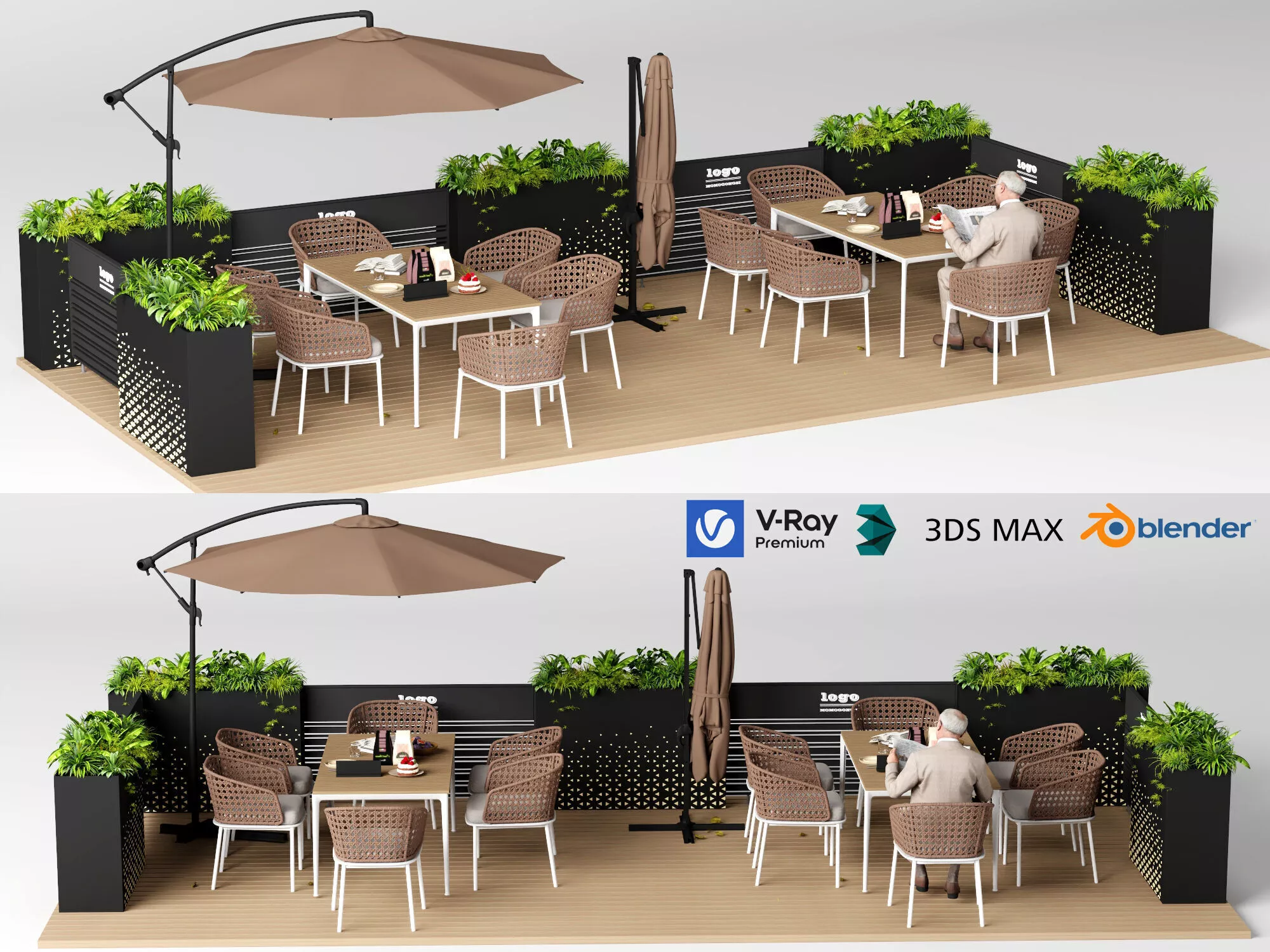 Outdoor cafe restaurant terrace seating area Low-poly 3D model