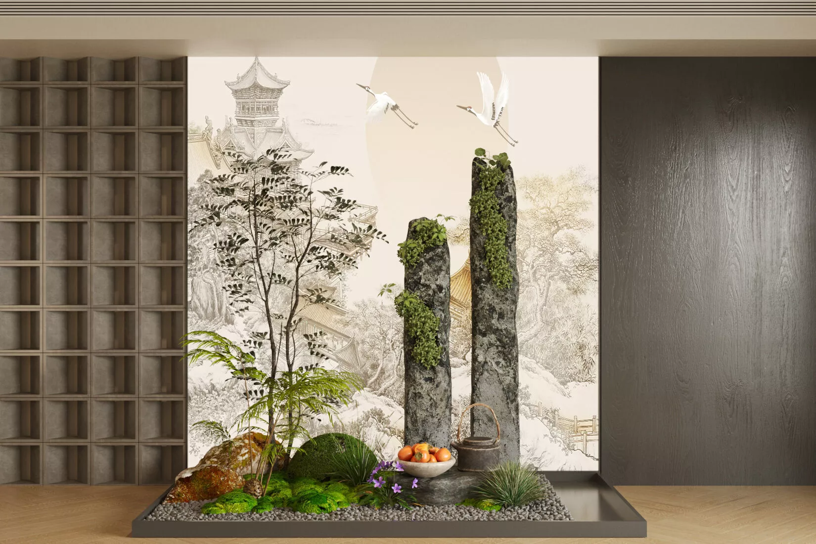 Green Plant Cluster bonsai tree with plants set in the garden 3D model
