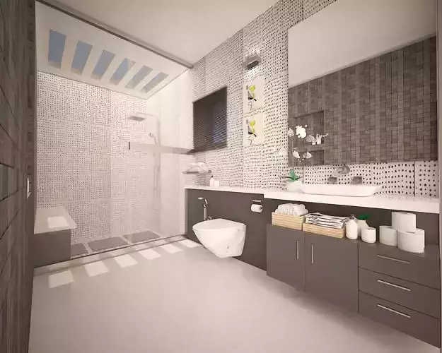 bathroom modern with tiled walls