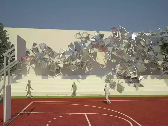 man model basketball court with metal sculptures