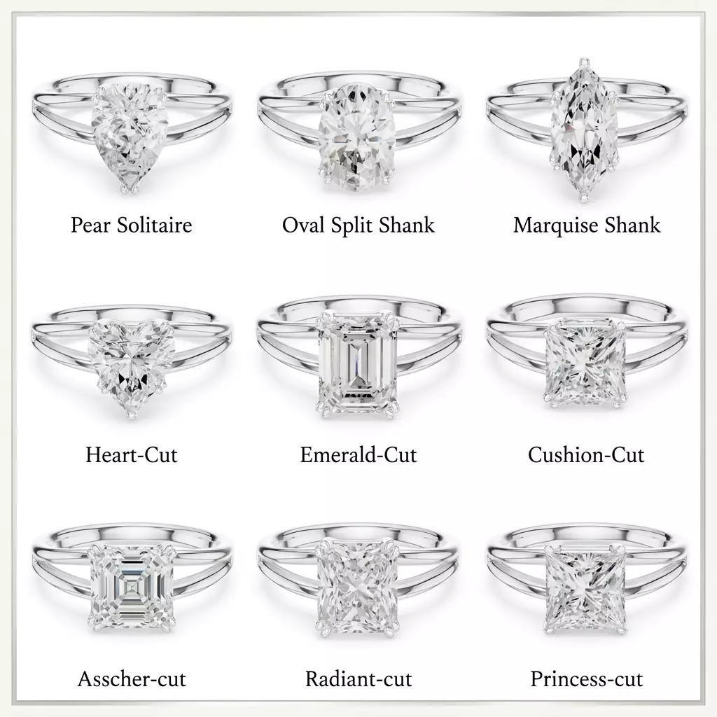 9 Solitaire Rings in all Stones Shapes Size 2ct Each stone 3D print model
