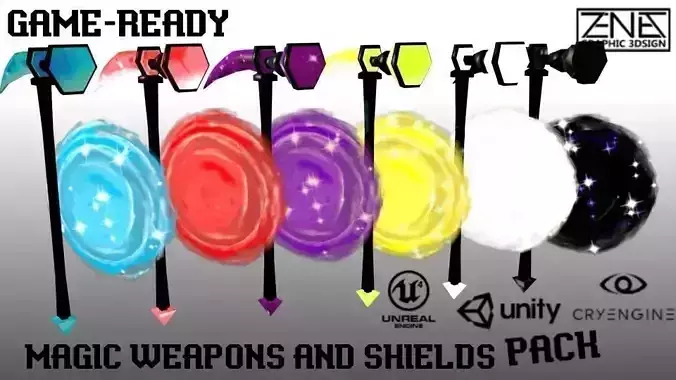 Low-Poly Magic Weapons and Shields Pack Low-poly 3D model