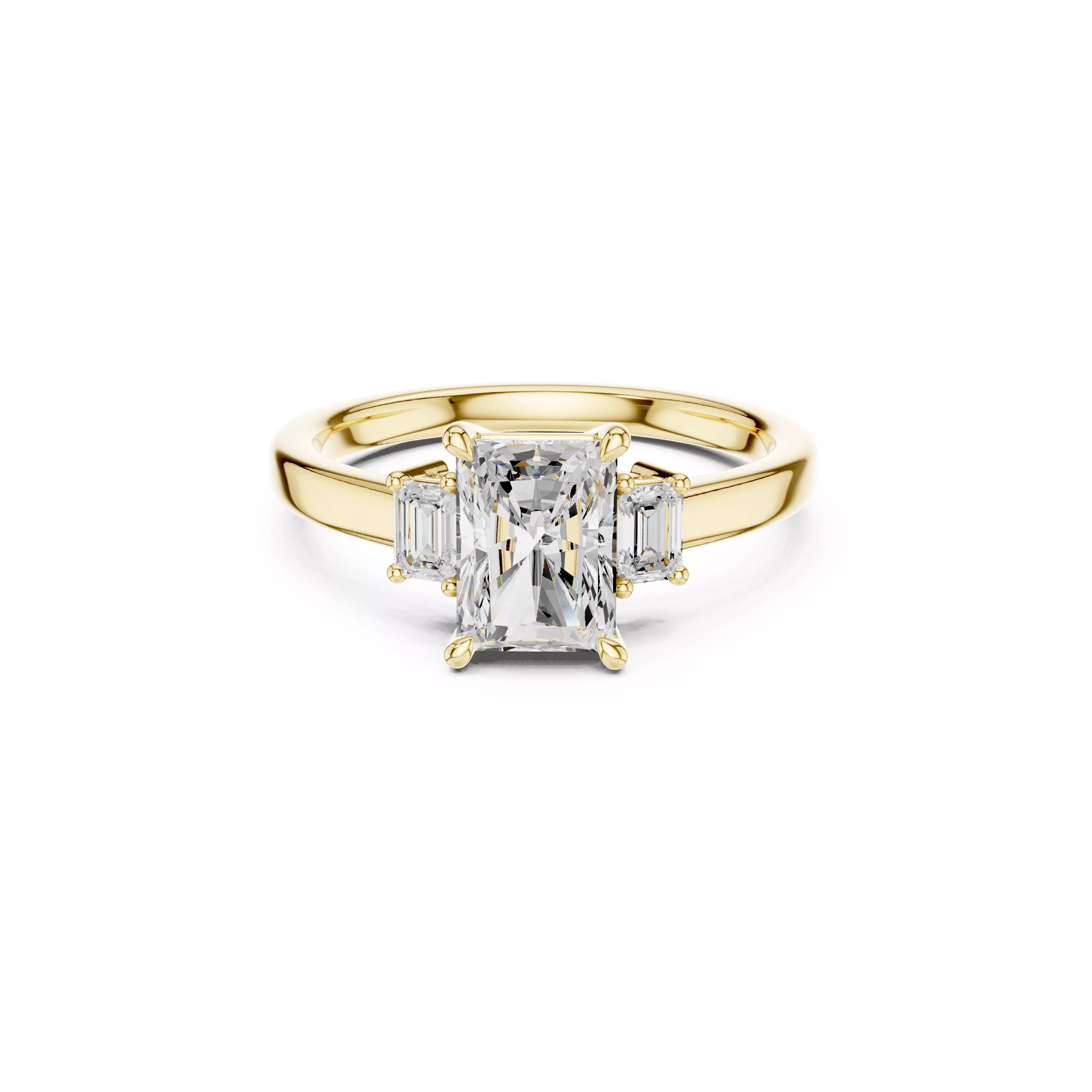 Radiant Cut Three Stone Engagement Ring Emerald Side Stone CAD 3D print model