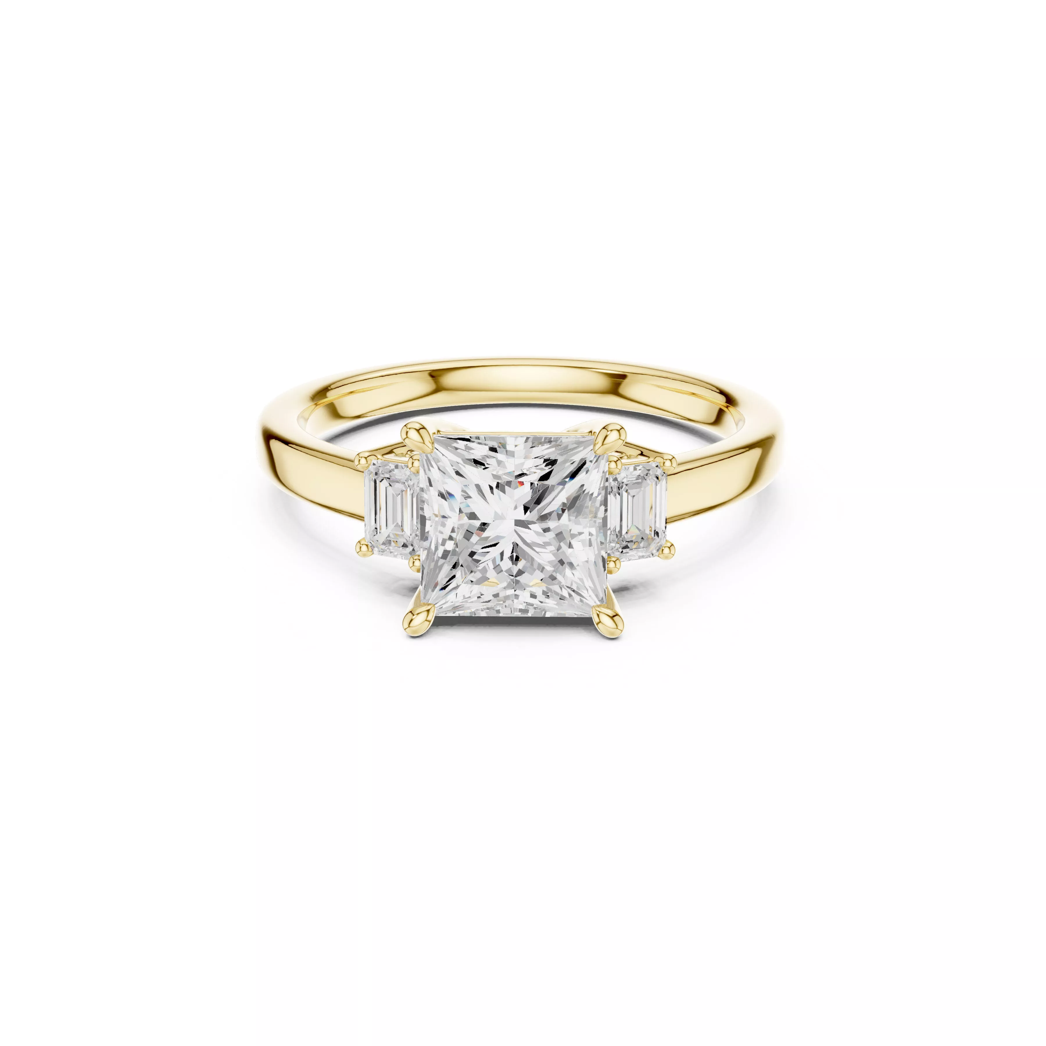 Princess Cut Three Stone Ring Modern Side Baguette Solitaire CAD 3D print model