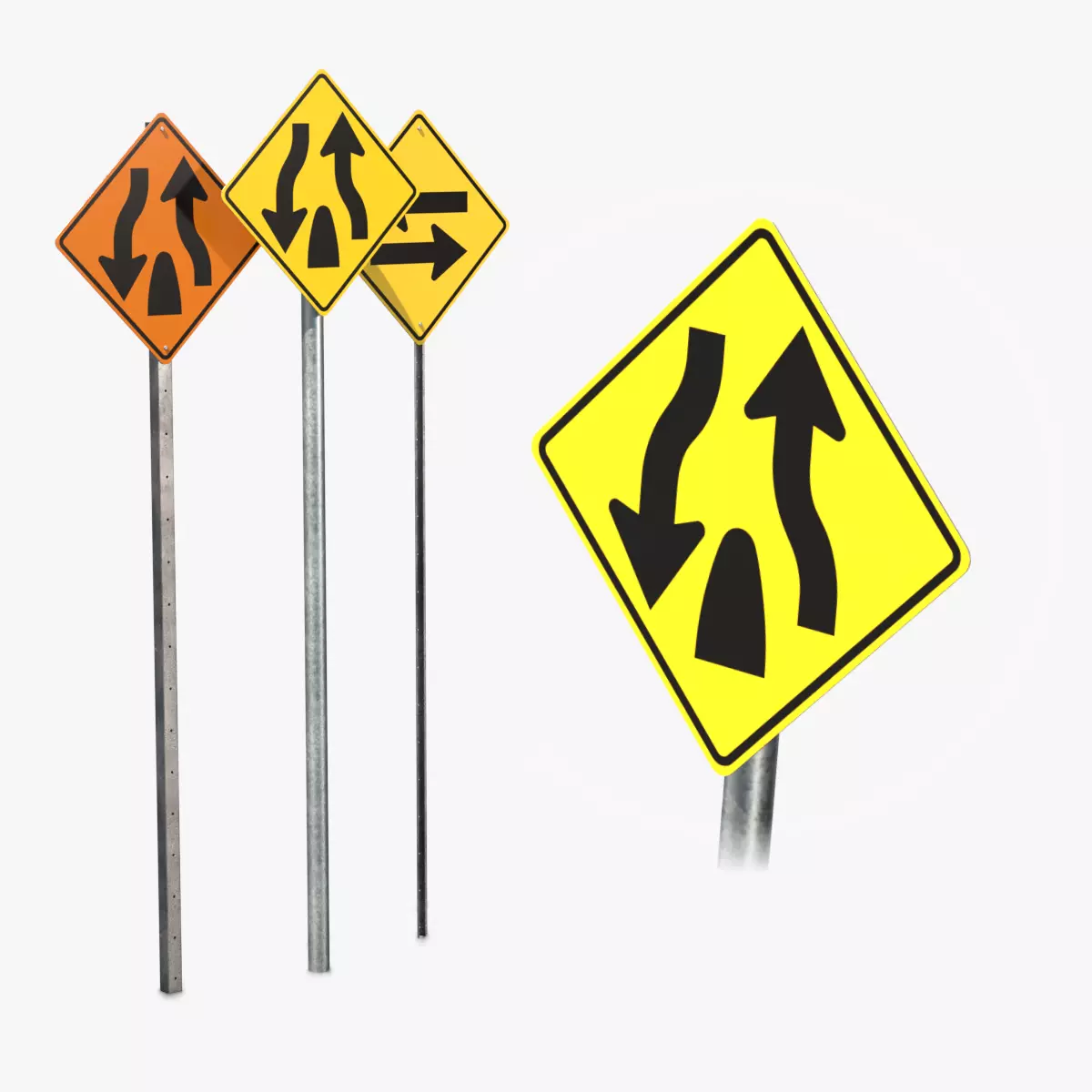 Road Signs - Roadway Transition Warning Low-poly 3D model