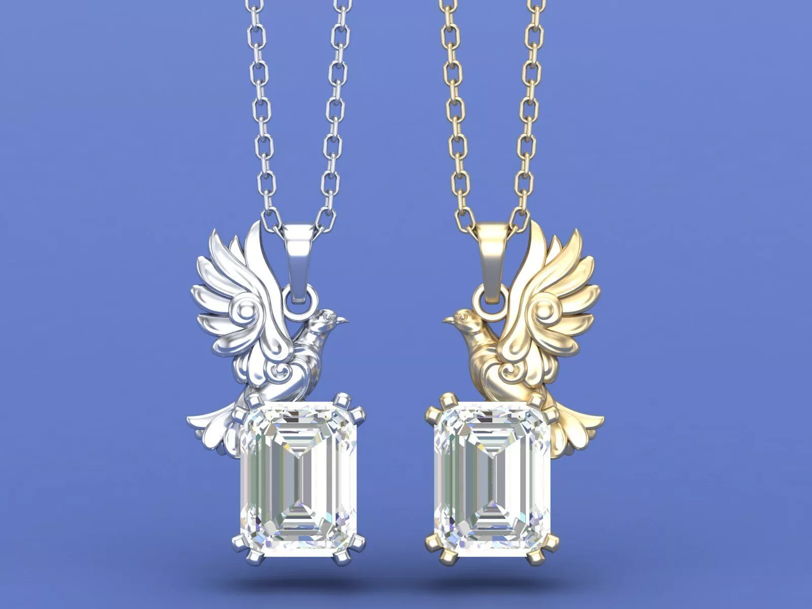 Elegant Dove and Emerald Cut Gemstone Pendant Jewelry Design 3D print model