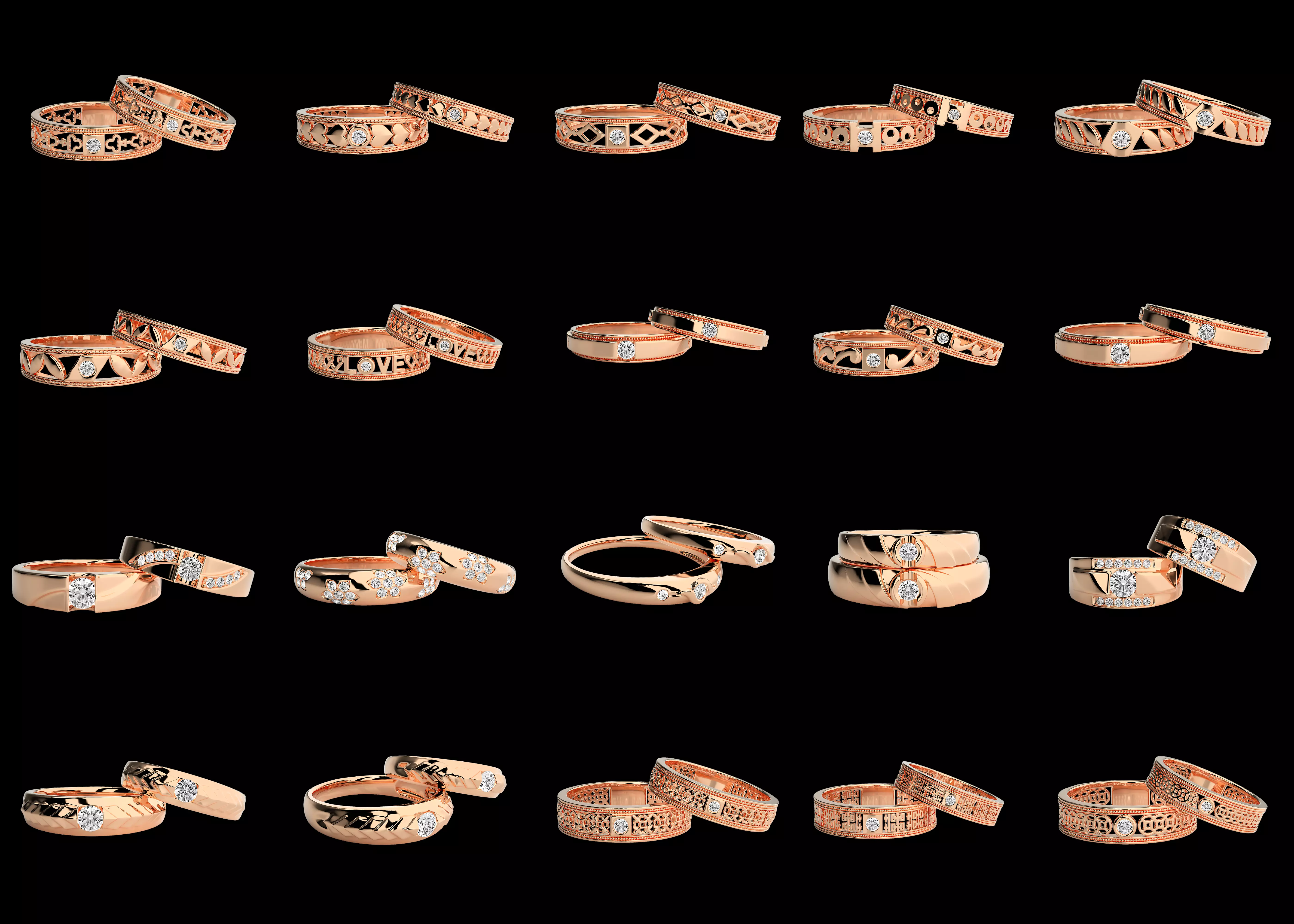 20pcs Diamond Couple Band Ring Combo Pack STL 3DM Models 3D print model