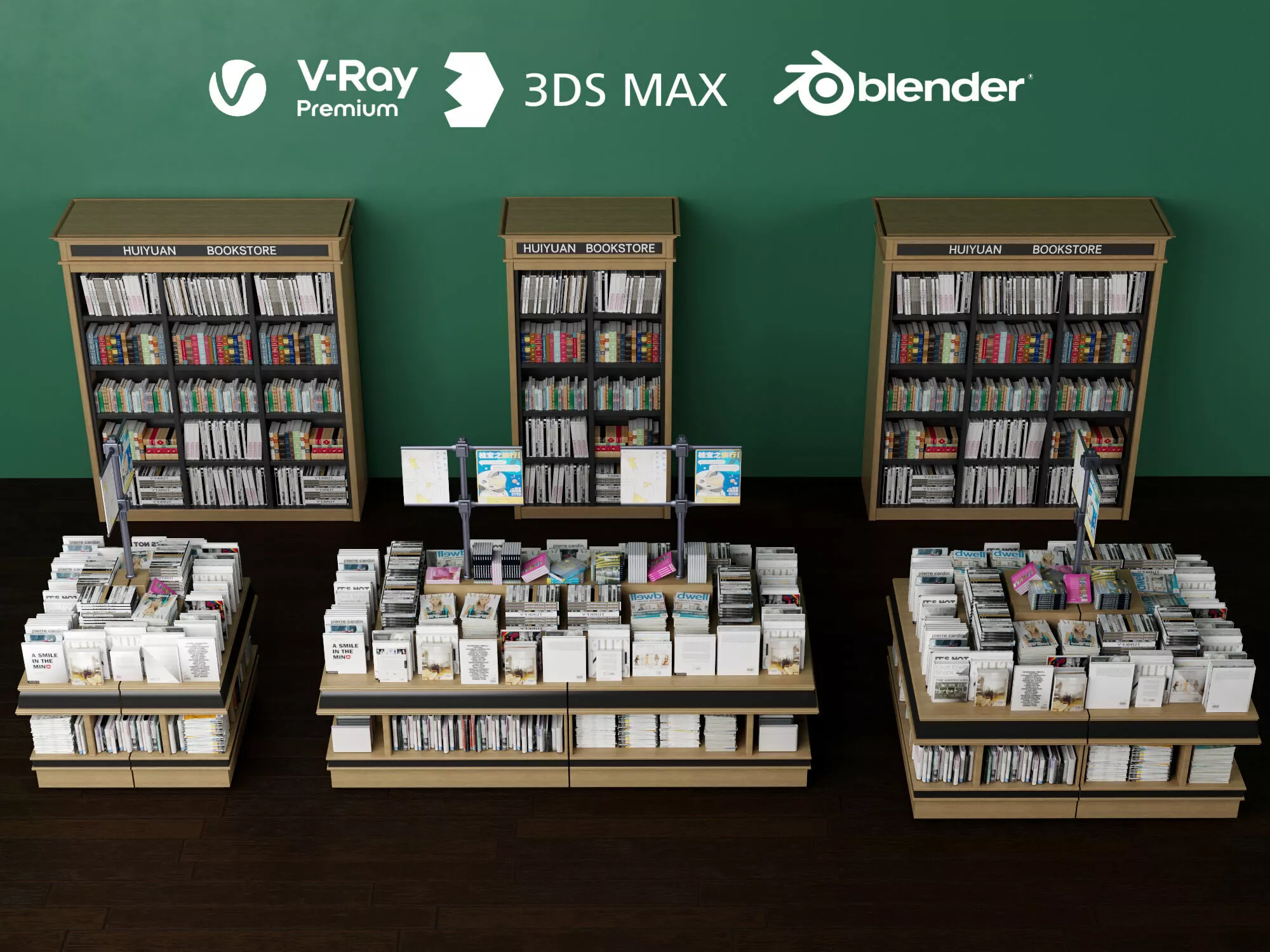 Inside a modern bookstore bookshelves and display tables Low-poly 3D model