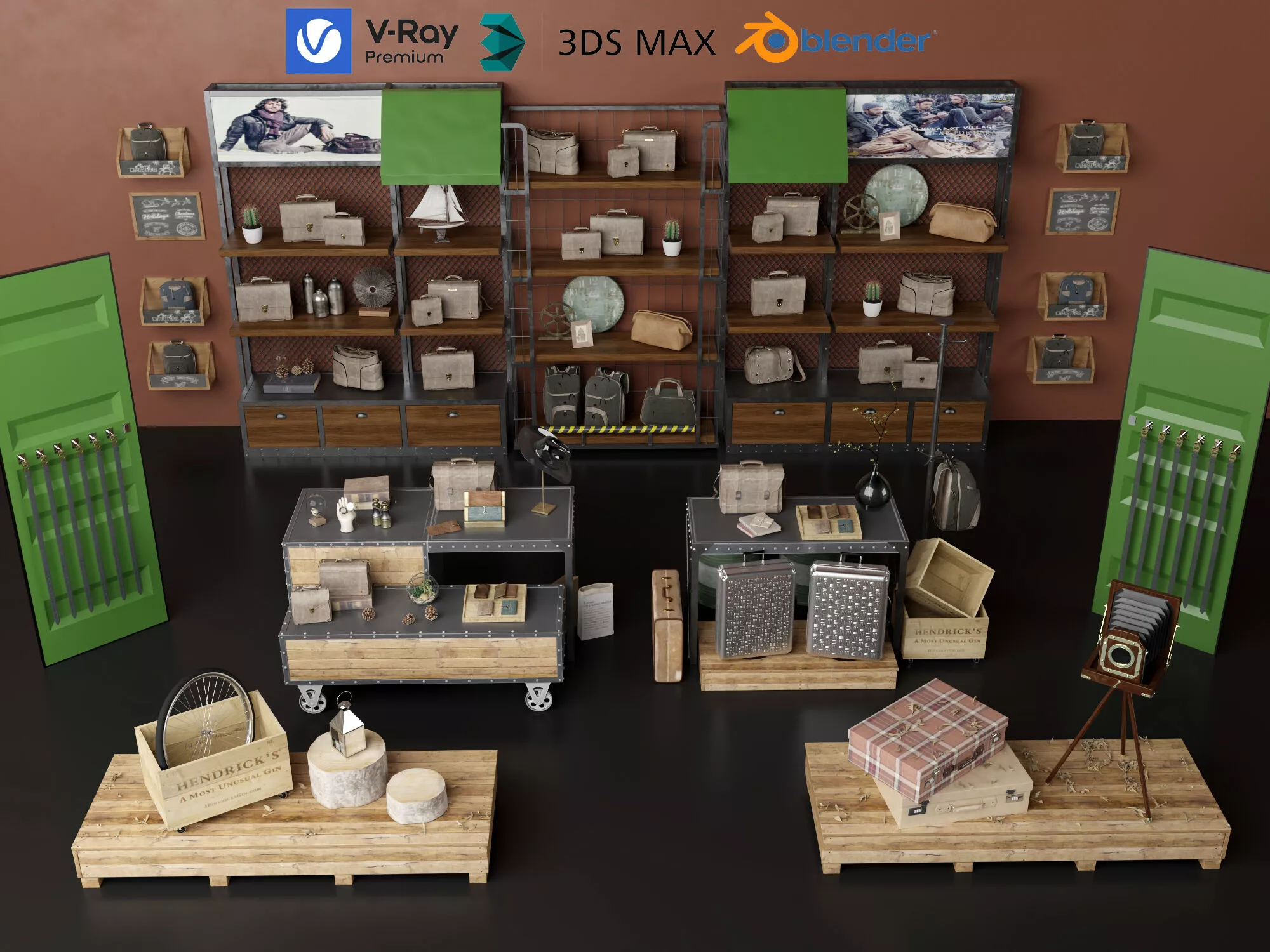 Vintage luggage and travel goods store display Low-poly 3D model