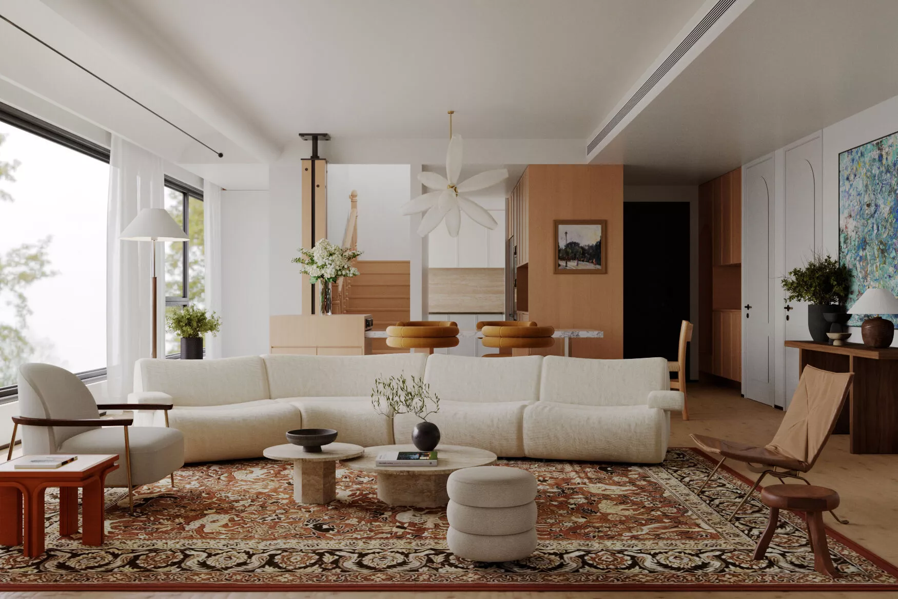 Modern Wood Style Duplex Living and dinin Room 3D model