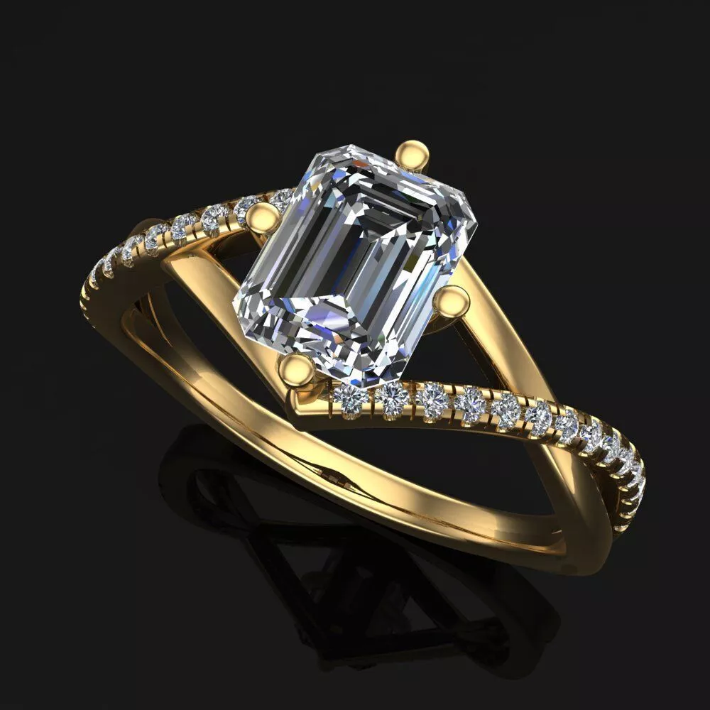 Emerald Cut Bypass Twist Engagement Ring 3D Model 3D print model