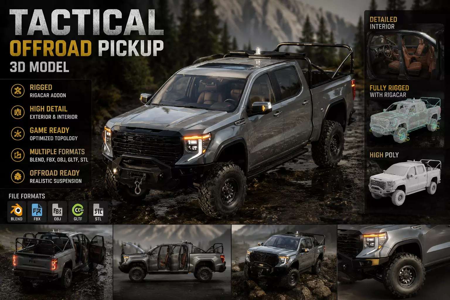 Heavy Duty Offroad Pickup Truck 3D Model for Games Low-poly 3D model