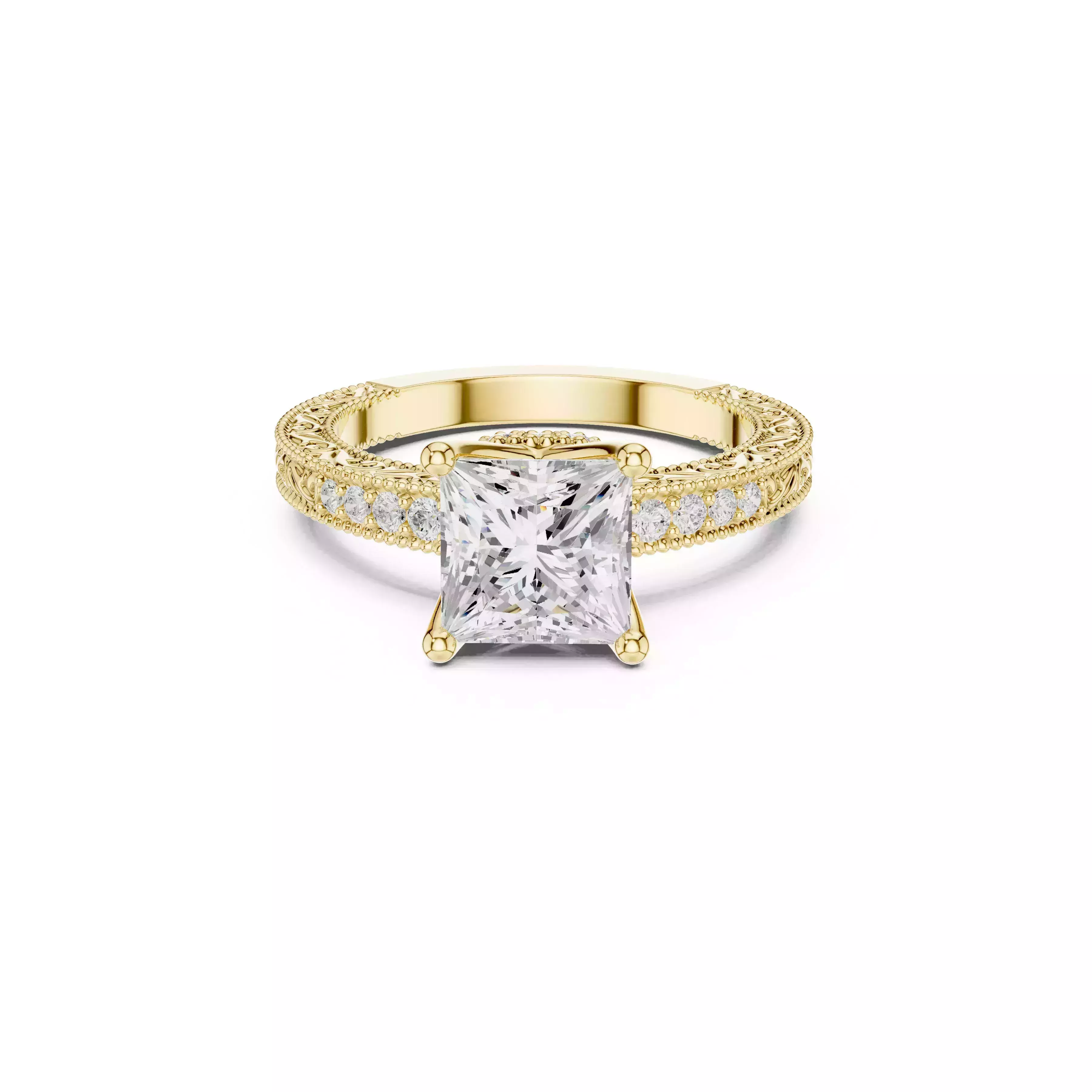 Vintage Princess Solitaire Ring Milgrain Engagement Bridal CAD 3D print model