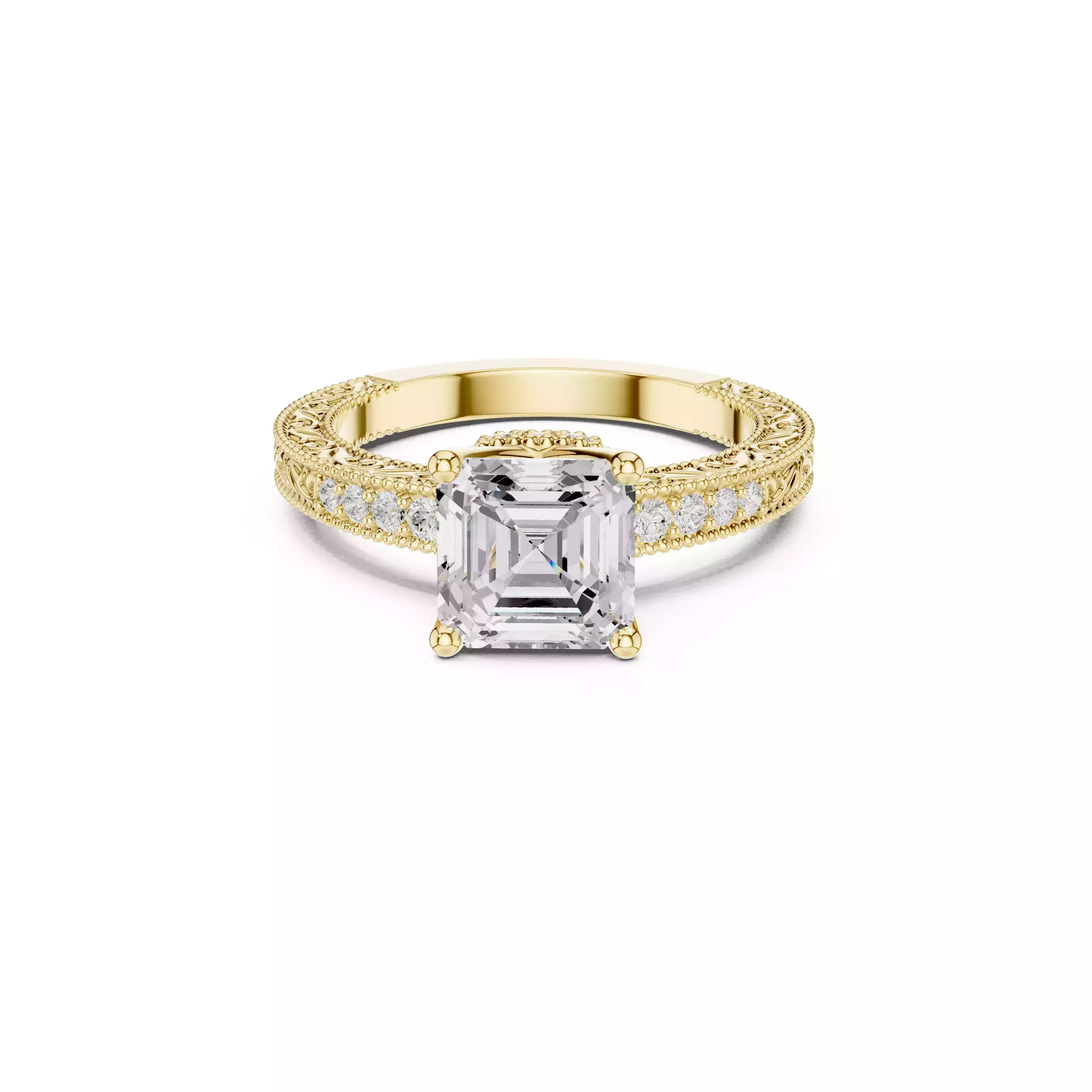 Asscher Cut Engagement Ring Milgrain Diamond Bridal Ring CAD 3D print model