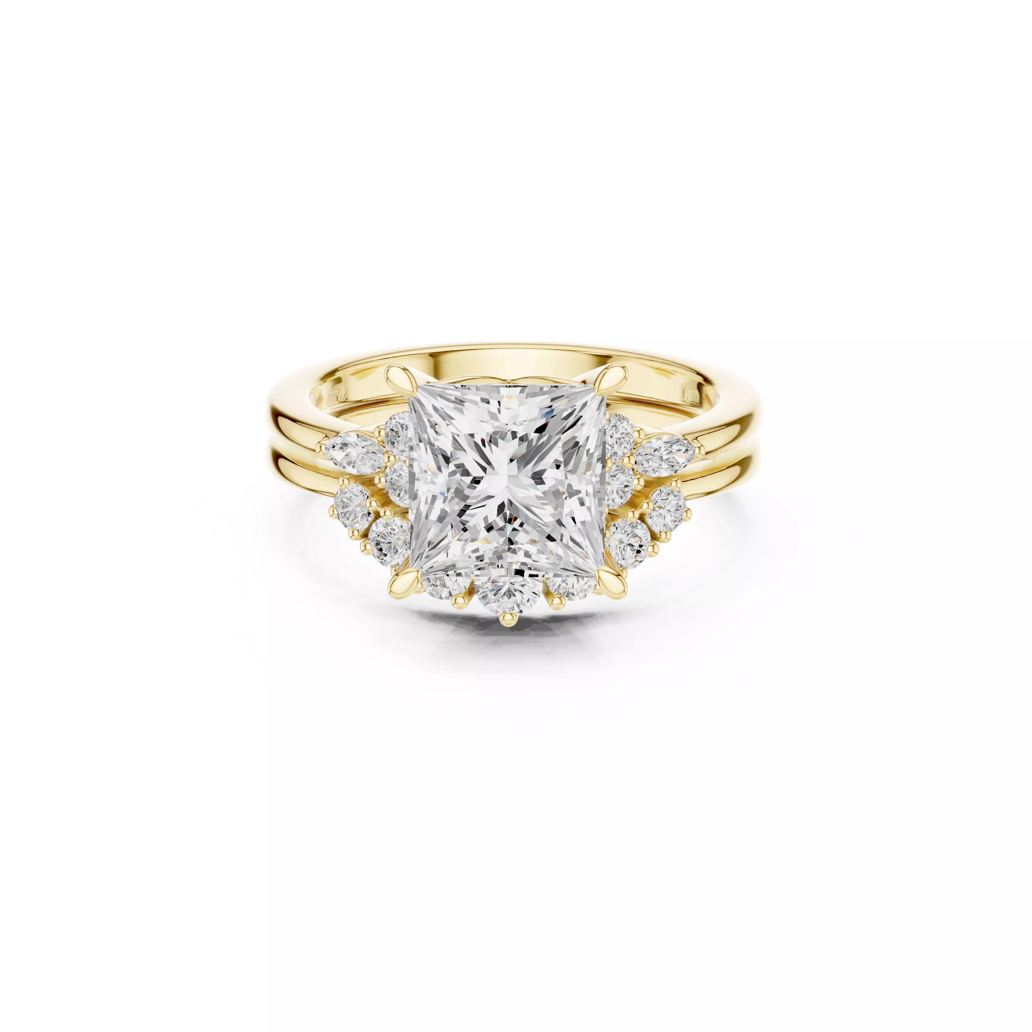 Princess Cut Diamond Cluster Ring Luxury Triple Shank Bridal 3D print model
