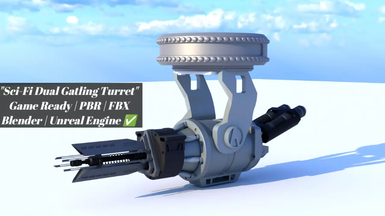 Sci-Fi Dual Gatling Gun Turret 3D Model Game Ready PBR Blender 3D model