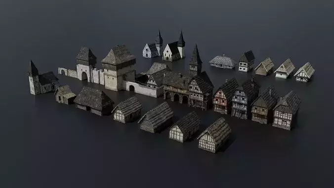 Medieval Buildings game-ready 3D Model Pack