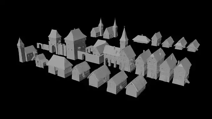 Medieval Buildings game-ready 3D Model Pack 2