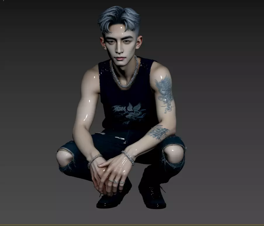 B21- Chinese Style Scene - Spirit Guy with Short Hair Tattoo 3D model