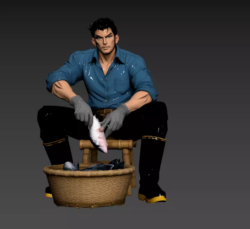 B25- Chinese Style Scene - Men Selling Fish by the Beach 3D model