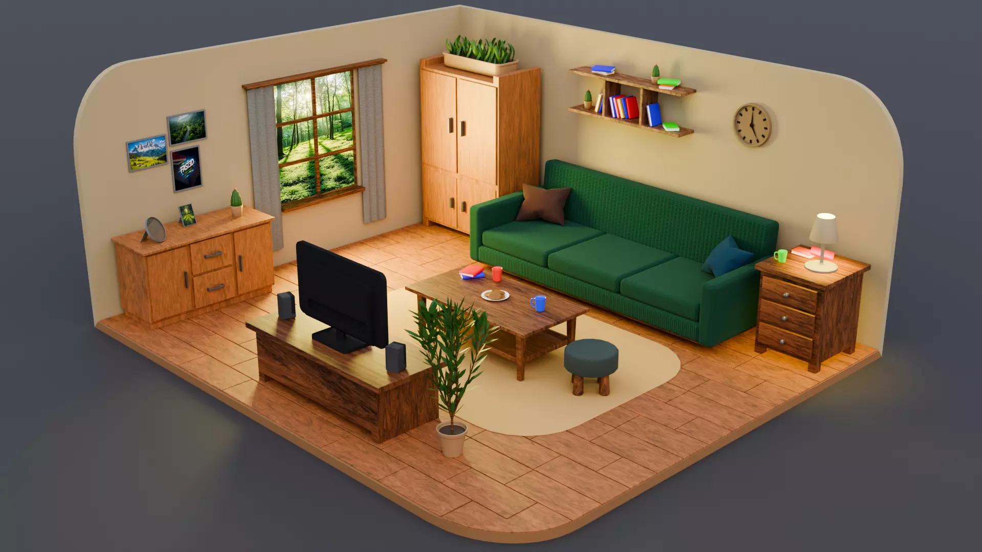 Stylized Cozy Living Room Interior Low Poly Isometric Scene Low-poly 3D model