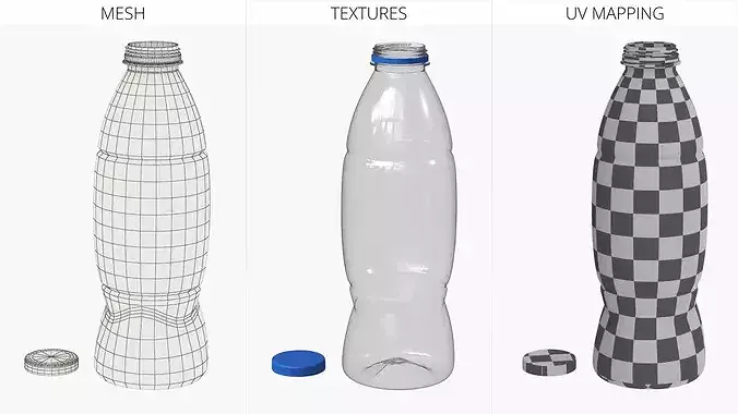Empty Milk Plastic Bottle with Cap 1L 3D model 6