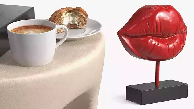 Side Table with Lip Sculpture and Coffee Cup Pastry 3D model 6