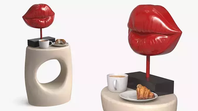 Side Table with Lip Sculpture and Coffee Cup Pastry 3D model
