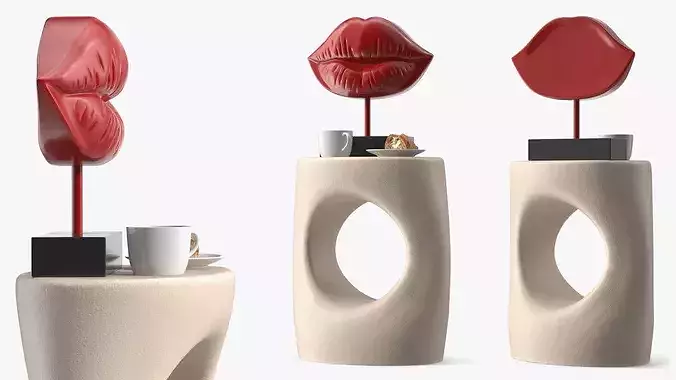 Side Table with Lip Sculpture and Coffee Cup Pastry 3D model 3