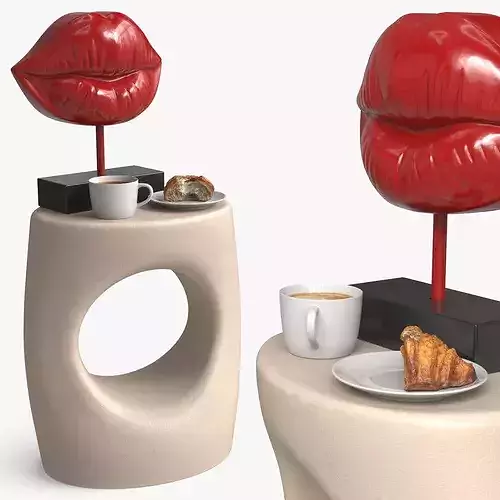 Side Table with Lip Sculpture and Coffee Cup Pastry 3D model 5