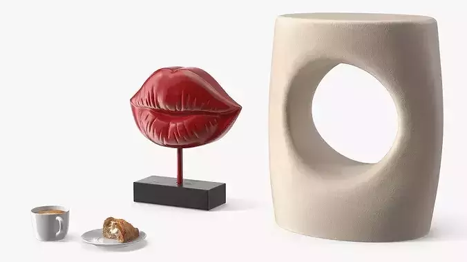 Side Table with Lip Sculpture and Coffee Cup Pastry 3D model 4
