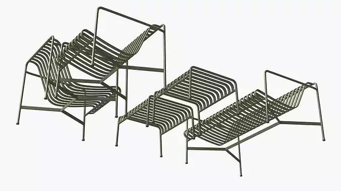 Hay Palissade Striped Patio Furniture Set Green 3D model 4