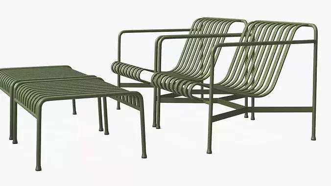 Hay Palissade Striped Patio Furniture Set Green 3D model 7