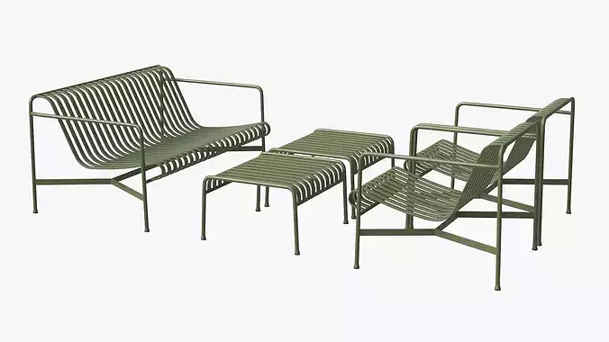 Hay Palissade Striped Patio Furniture Set Green 3D model 2