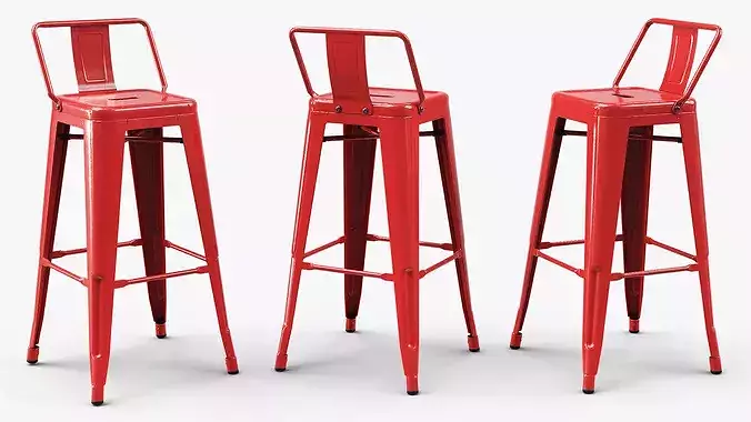 Commercial Bar Seating Chair with Backrest Red 3D model 2