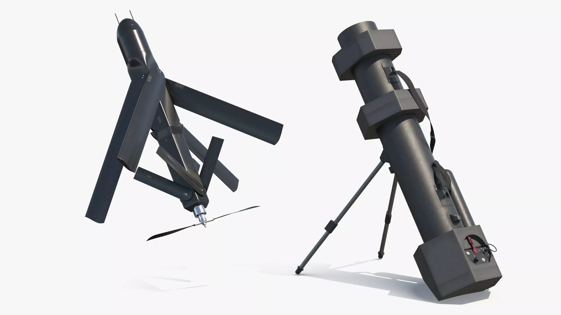 Infantry Drone Launch Weapon with UAV In Flight Black Rigged 3D model