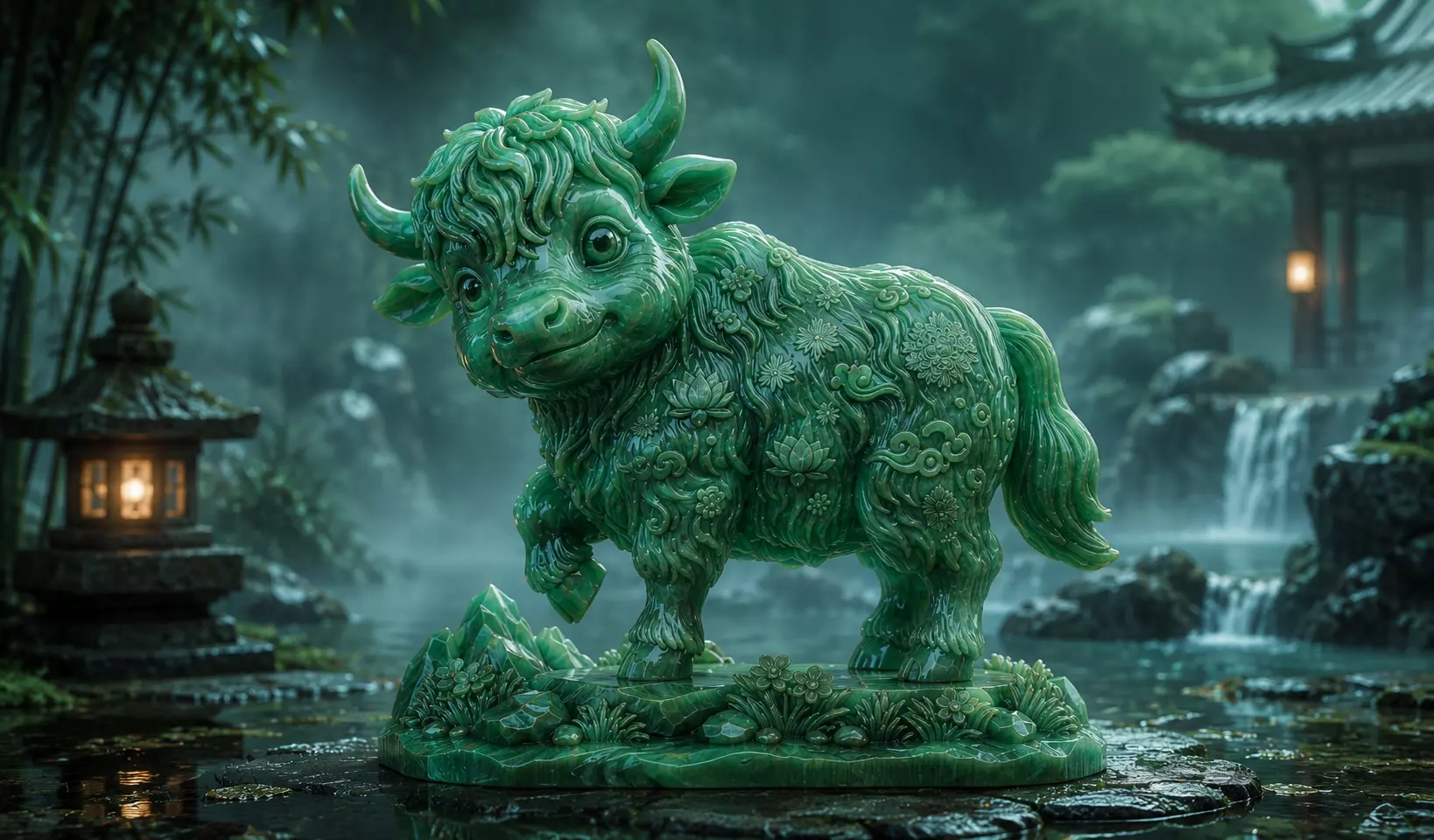 Celestial Blossom Yak Sculpture Highland Bull Statue 3D print model