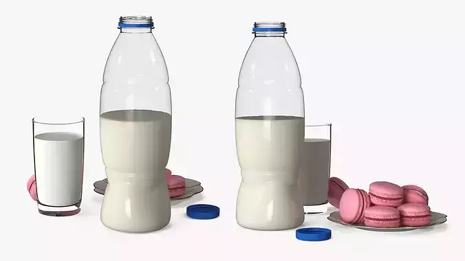 Cow Milk Bottle with Filled Glass and Macarons 3D model 4