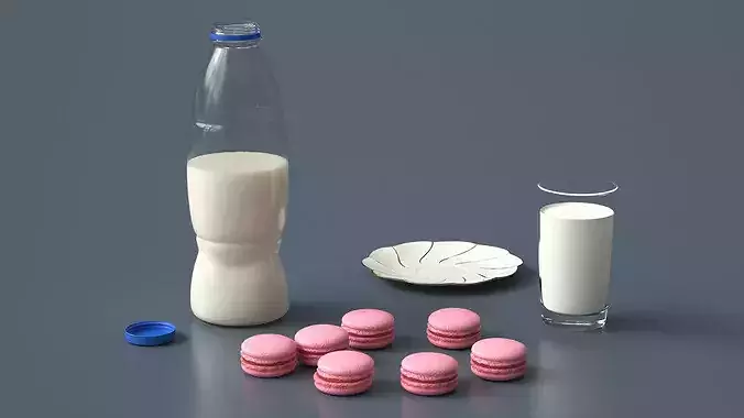 Cow Milk Bottle with Filled Glass and Macarons 3D model 2