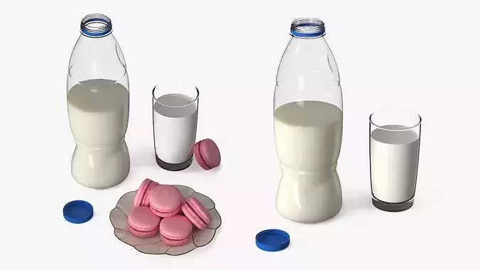 Cow Milk Bottle with Filled Glass and Macarons 3D model 7
