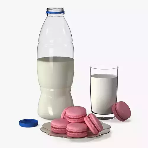 Cow Milk Bottle with Filled Glass and Macarons 3D model 3