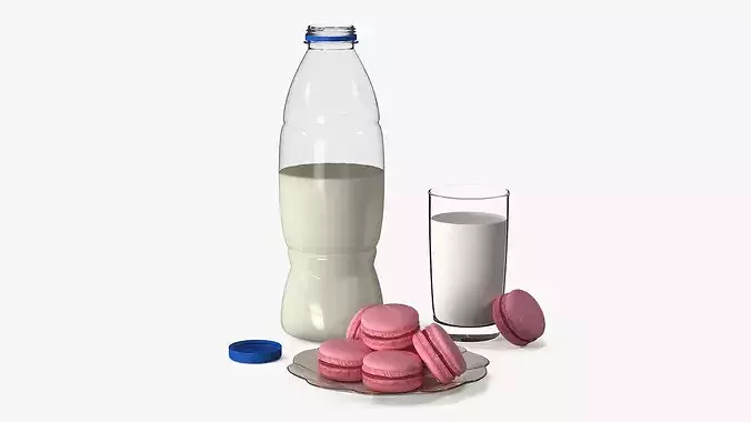 Cow Milk Bottle with Filled Glass and Macarons 3D model