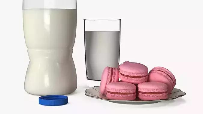 Cow Milk Bottle with Filled Glass and Macarons 3D model 6