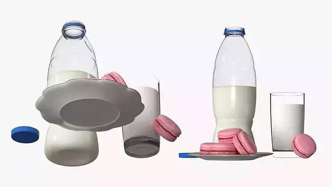 Cow Milk Bottle with Filled Glass and Macarons 3D model 5