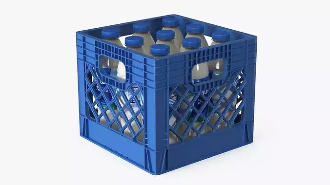Dairy Transport Crate with Plastic Milk Bottles 3D model 2