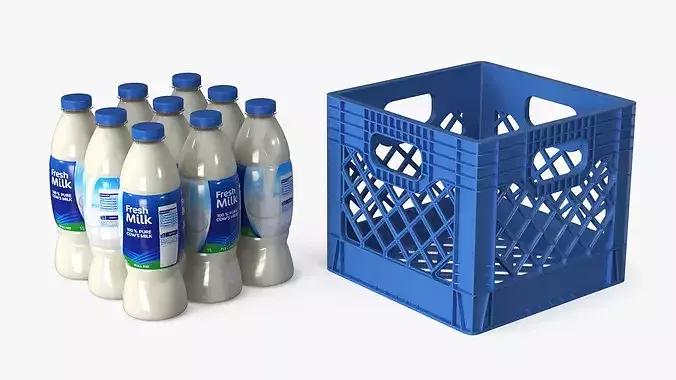 Dairy Transport Crate with Plastic Milk Bottles 3D model 6