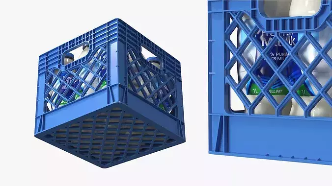 Dairy Transport Crate with Plastic Milk Bottles 3D model 4