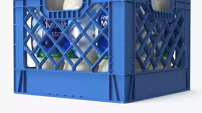 Dairy Transport Crate with Plastic Milk Bottles 3D model 5
