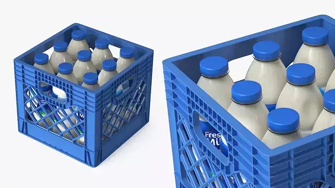 Dairy Transport Crate with Plastic Milk Bottles 3D model