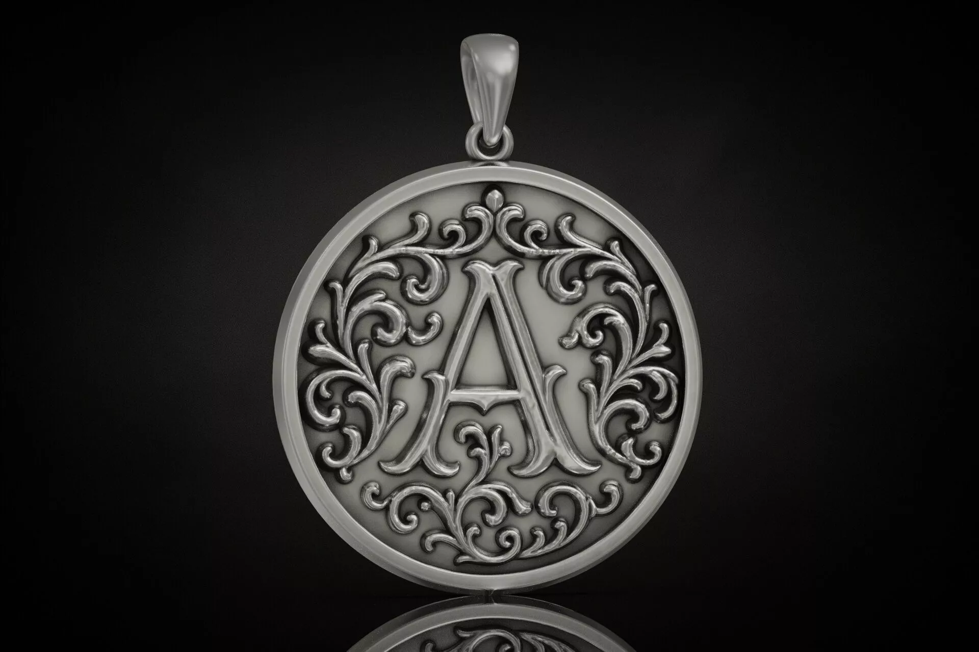 Letter A Round Pendant Baroque Scrollwork Engravable Back 3D print model
